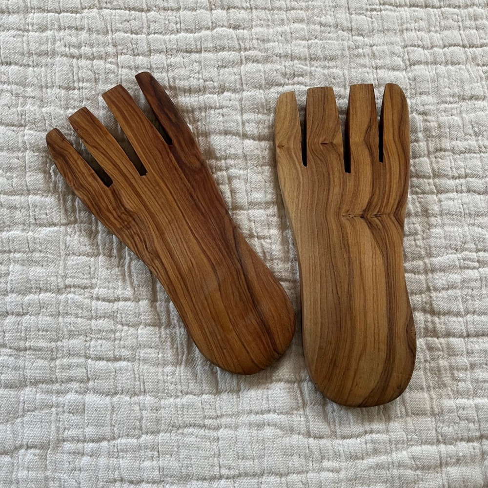 Handmade Olive Wood Salad Hands Servers Natural Grain Wooden Tossing Tools 7in